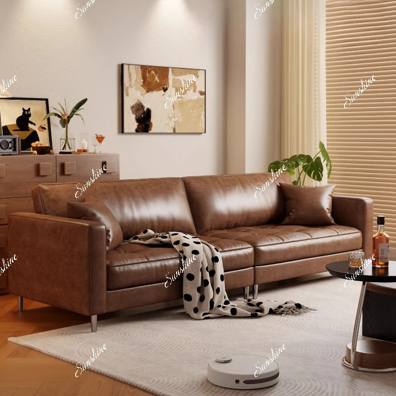 

Medieval oil wax cat scratching skin high-footed sofa apartment small apartment living room leather art sofa