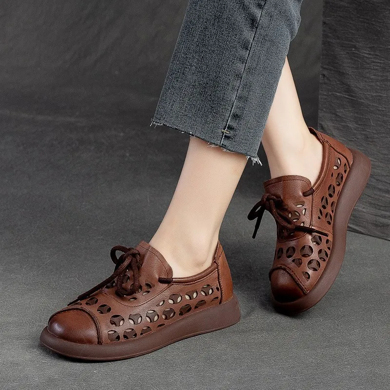 GKTINOO Genuine Leather Hollow-out Women Flats Shoes 2024 New Retro Handmade Round Toe Soft Soles Lace-up Comfortable Shoes