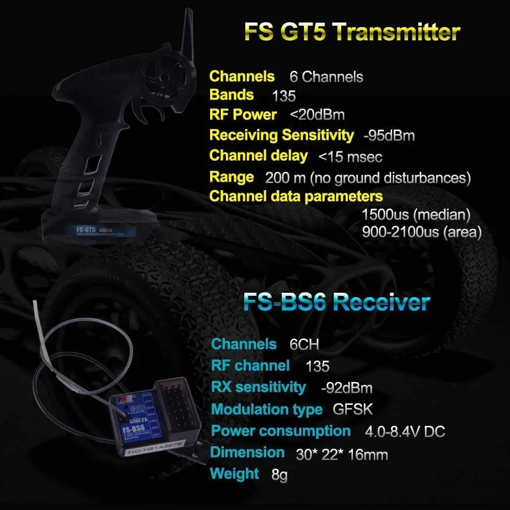 Flysky FS-GT5 6CH RC Transmitter with FS BS6 Receiver, 2.4Ghz AFHDS 2A Protocol Transmitter Can Store 20 Models for RC Car Boat