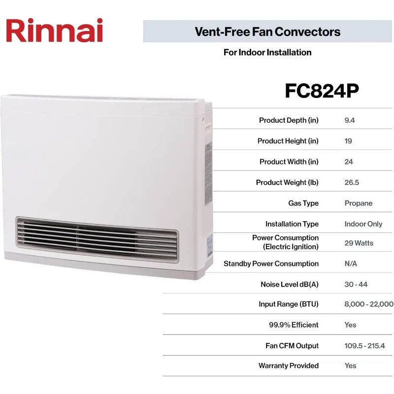 Rinnai FC824P Ventless Propane Heater, Energy-Efficient Space Heater with Programmable Thermostat