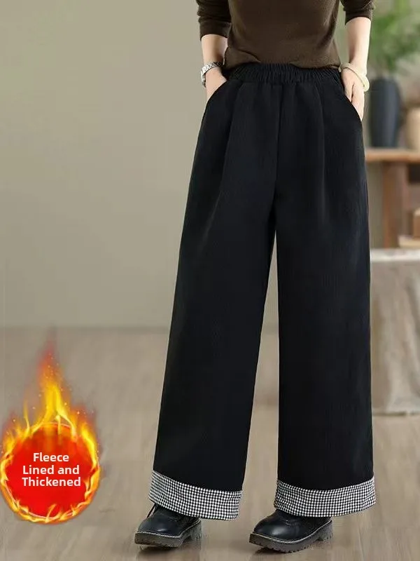 Pantaloni invernali nuovi vintage da donna larghi foderati in Fce pantaloni casual a gamba dritta in velluto a gamba larga a vita alta taglio dritto