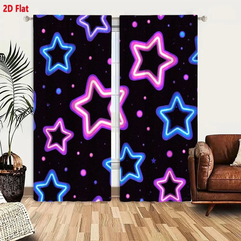 Neon Star Galaxy Curtain Black Background Dreamy Aesthetic Window Drapes for Bedroom Living Room Decor