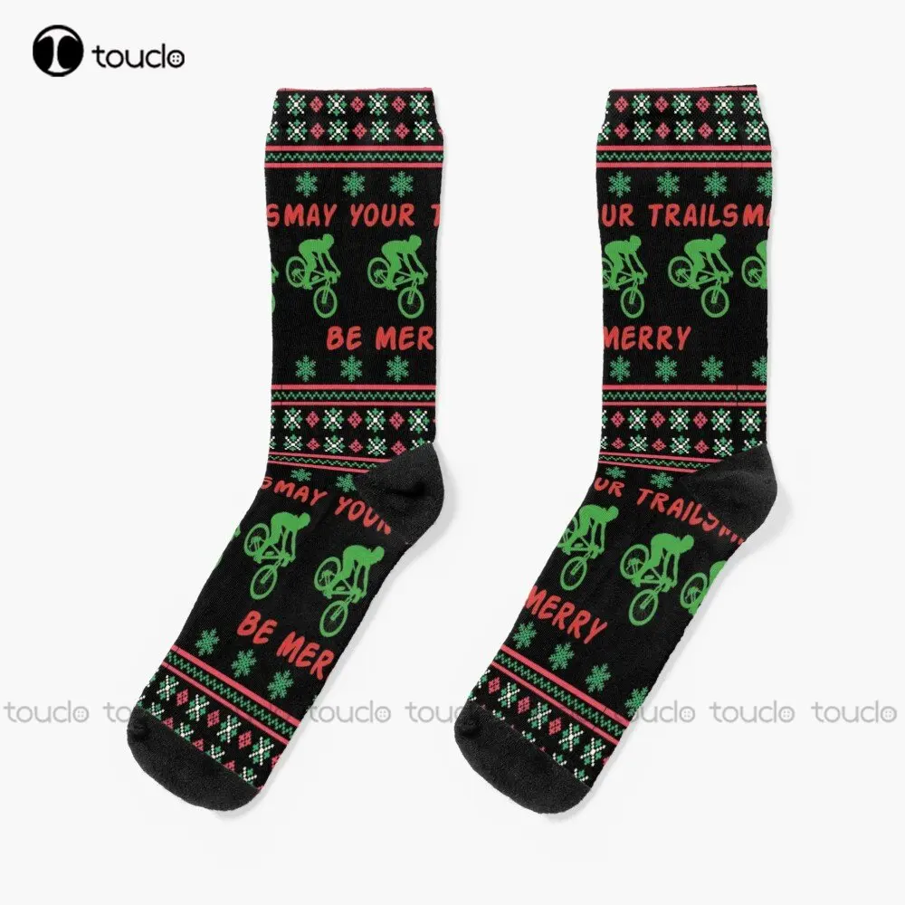 

May Your Trails Be Merry - Ugly Christmas Sweater - Mountain Biker Socks Funny Socks For Women 360° Digital Print Custom Gift