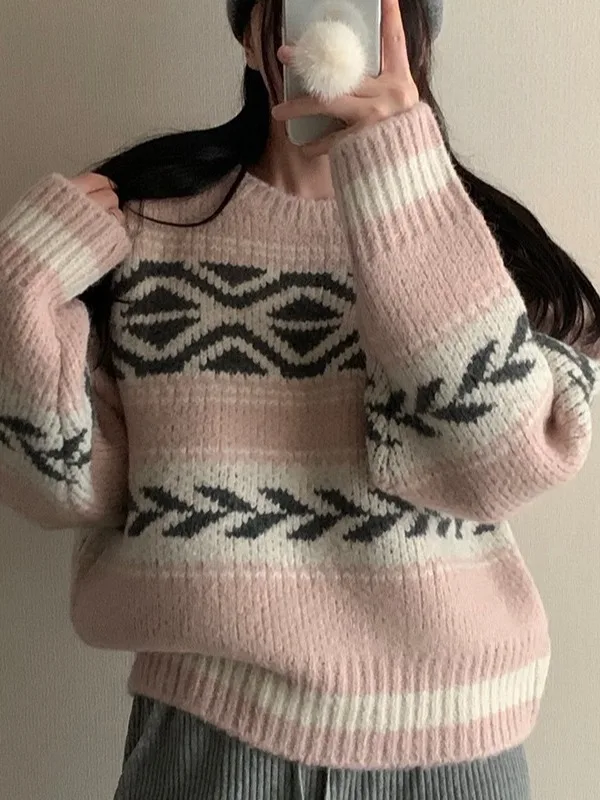 

Sli Retro Color Blo Diamond Pattern Long Sve round Ne Pullover Sweater Women's Outerwear Casual Comfortable Knitwear