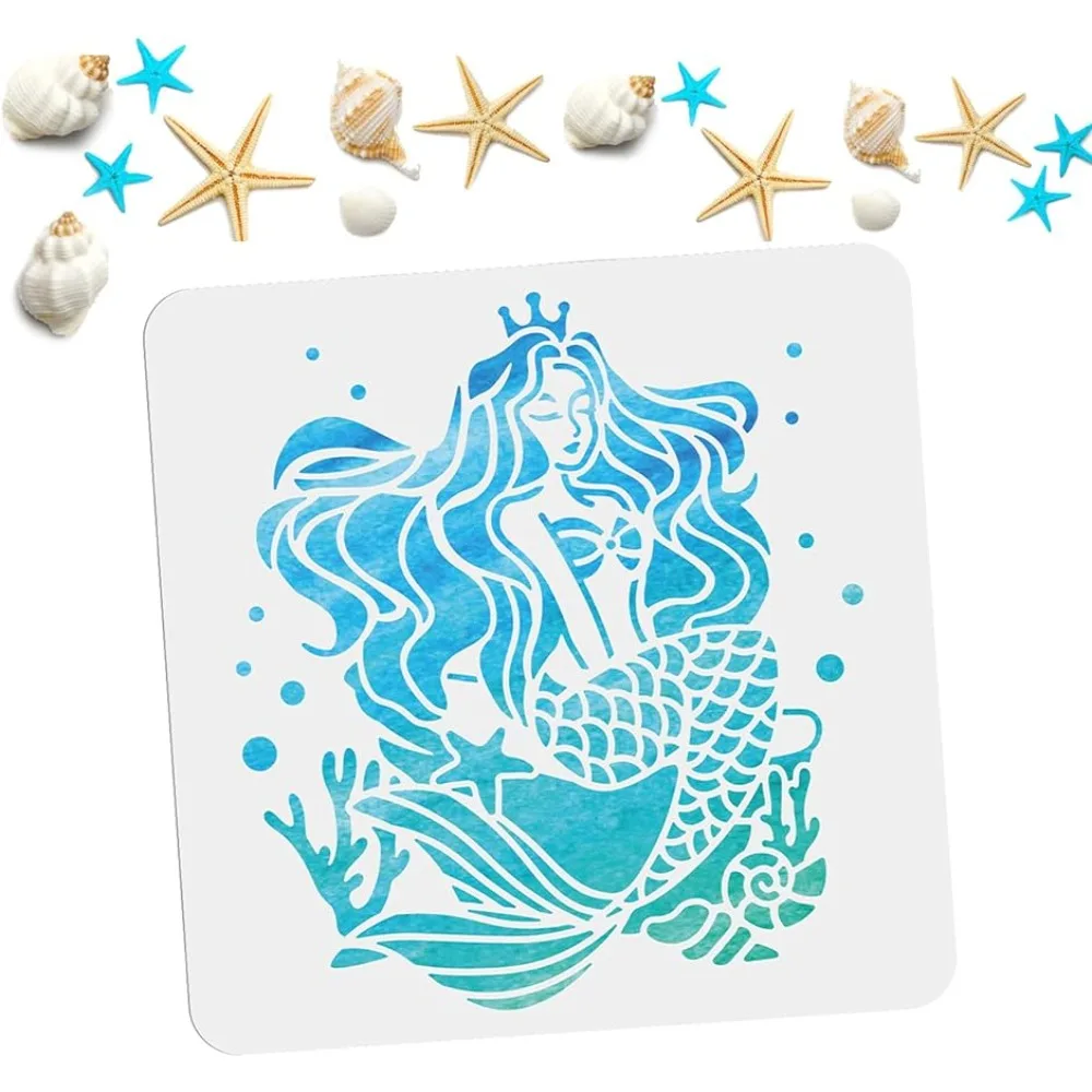 Mermaid Stencil Sea Creature Stencils 11.8×11.8 Inch Reusable Plastic Ocean Painting Stencils Create DIY Mermaid Crafts