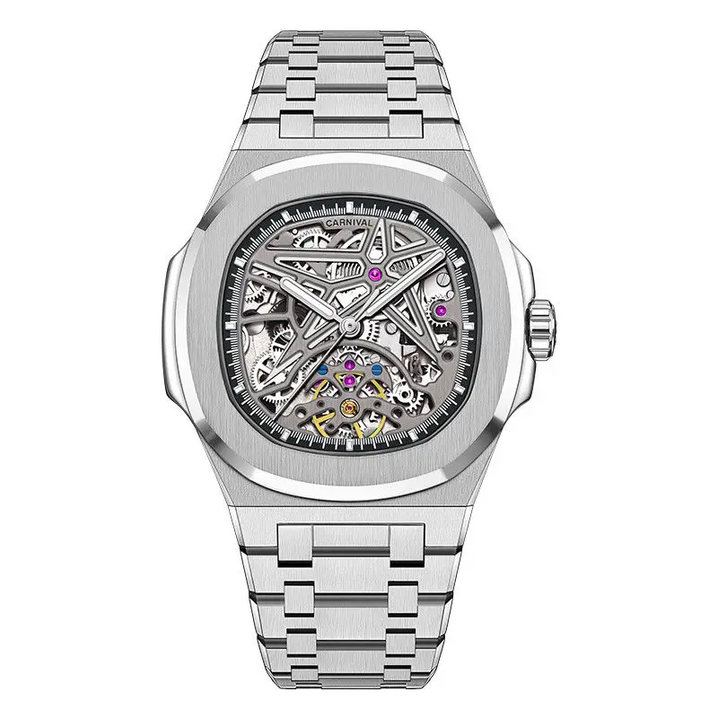 Luxury Brand Switzerland CARNIVAL Japan Imported Automatic Mechanical Men's Watches Dual Skeleton Rhinestone Waterproof C8118G