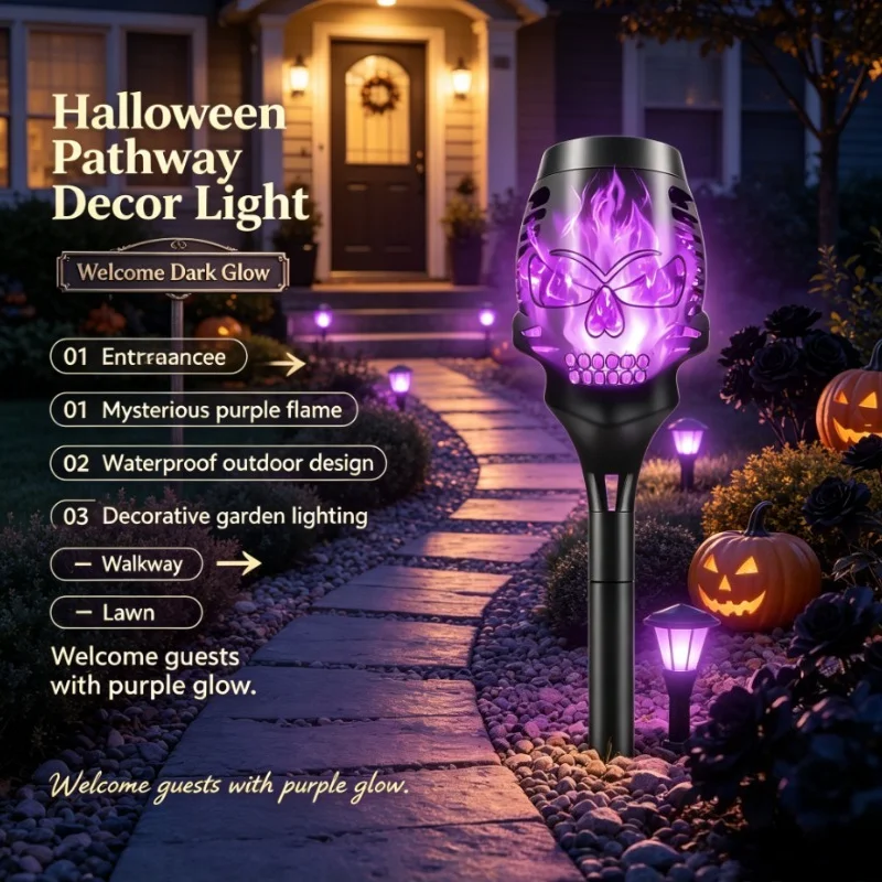 Solar Powered Purple Skull Flame Torch Flashing Light Is Waterproof and Suitable for Outdoor Gardens Lawns and Courtyard Lights