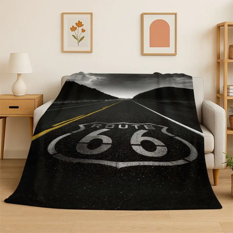 Route 66 Retro America Historic Mother Road Flannel Blanket Soft Throw Blanket for Bedroom Living Room Bed Travel Nap Cover Gift