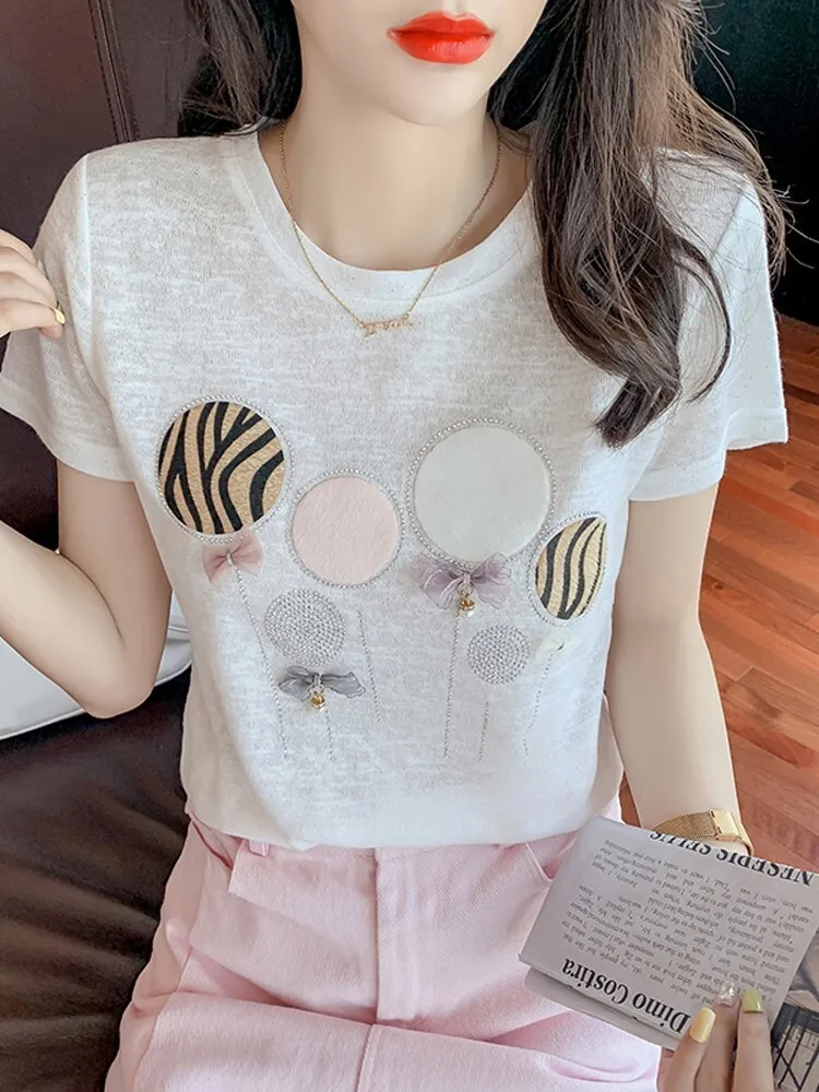 Women Cotton T-Shirt 2024 Short Sleeve Shining Rhinestone Tshirt Female O-Neck Bow Fashion Pink White Tops