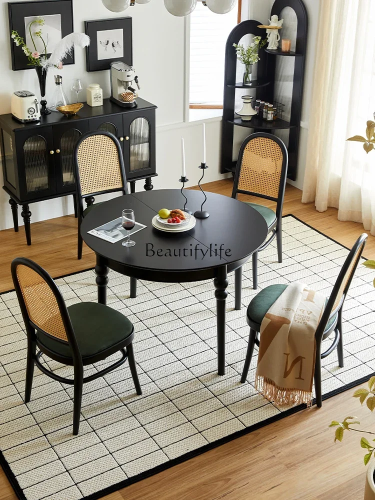 

P13French black retro retractable round dining table folding oval small apartment