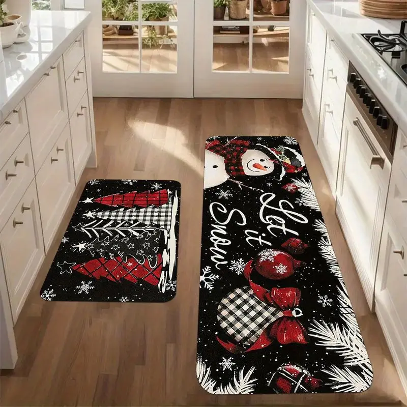 Christmas Kitchen Mat Buffalo Check Snowman Soft Non Slip Hallway Rug Bedroom Bedside Mat Home Decor Holiday Floor Carpet