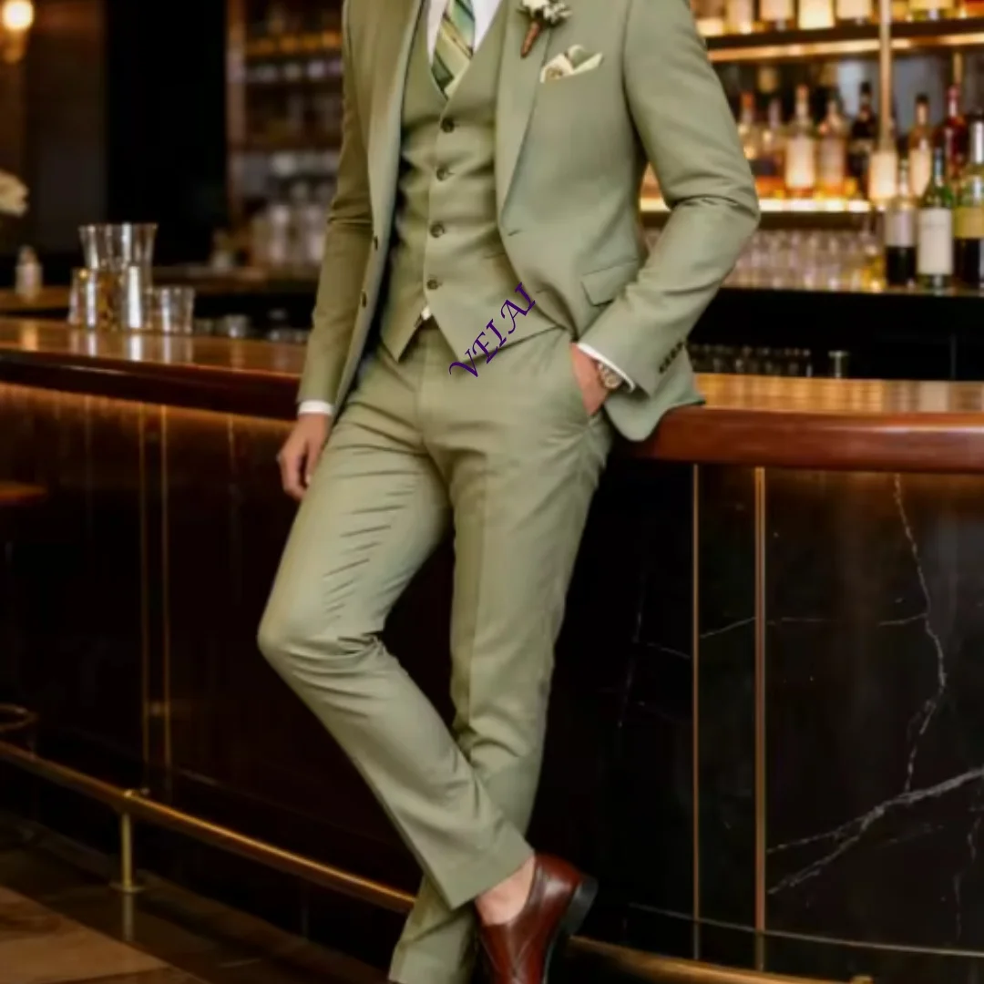 New Army Green Business Suit Men Tuxedos Groom Groomsman Prom Wedding Party Formal Occasion Male 3 Piece Set Jacket Vest Pants