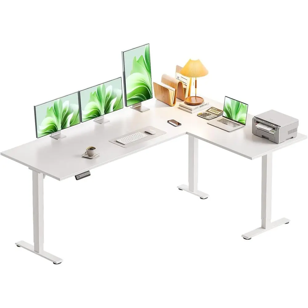 63 Inch L Shaped Electric Standing Desk, Home Oice, White | Reversible Desk with Height Adjusent, Ergonomic Sit Stand Table or H