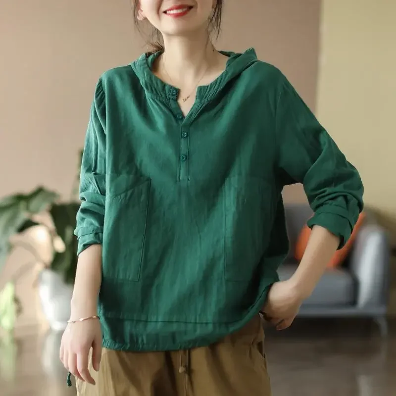Women Pure Linen Hooded Blouse Half Button Placket Double Pockets Loose Long Sleeve Casual Top