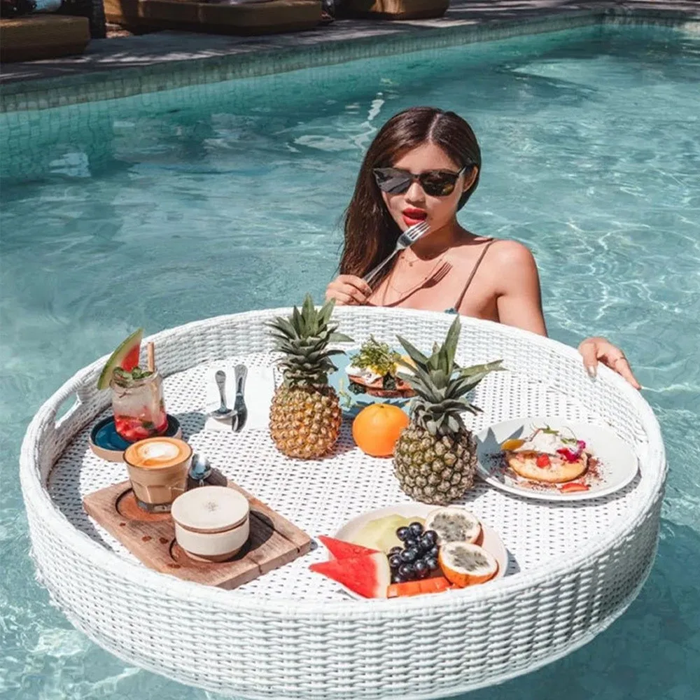 Floating Pool Tray Rattan Woven Serving Tray for Swimming Pools Hot Tubs & Beach Parties Floating Table for Drinks