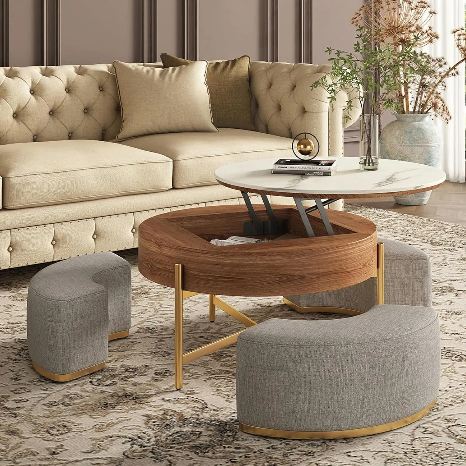 

32'' Elegant Round Lift-Top Marble Coffee Table Set with Hidden Storage & Soft Nesting Ottomans | Modern Farmhouse, Customized