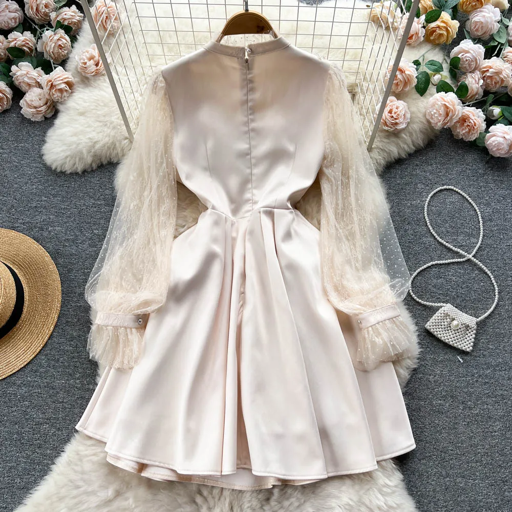 Spring and Autumn Palace Style Luxury Designer Heavy Work Nailed Beads High Waist Slim Spliced Mesh Dress Fairy French Dress