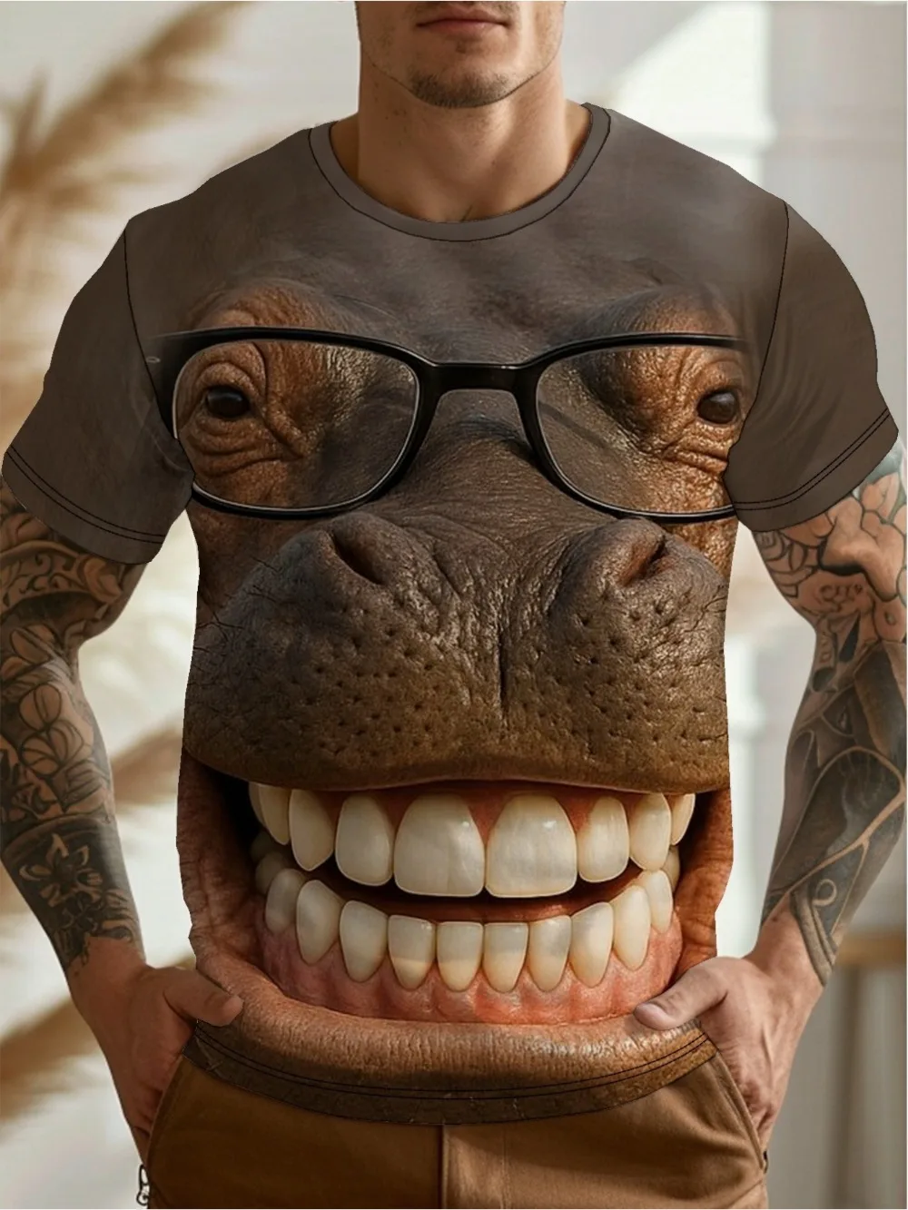 Wearing Glasses Laughing Hippo Pattern 3D Printed Men T-shirt Fashionable Breathable Quick-drying Outdoor Sport Leisure Clothing