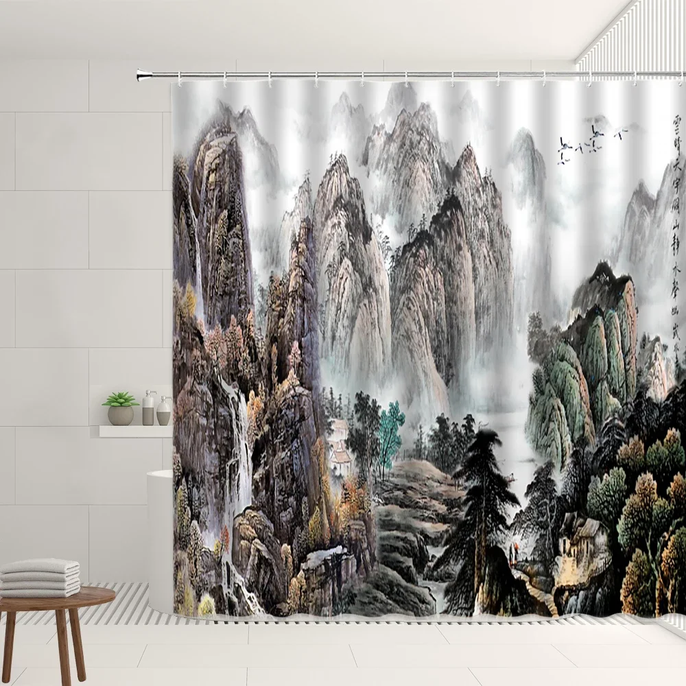 Chinese Style Landscape Shower Curtain Great Mountain Beautiful Scenery Living Room Bathroom Polyester Screens Home Luxury Decor