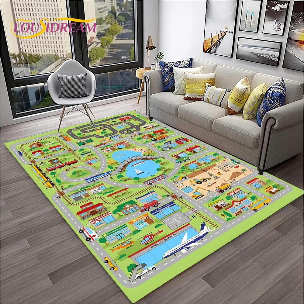 Child Playmat Traffic Highway City Playroom Carpet Rug for Home Living Room Bedroom Doormat Decor, Area Rug Non-slip Floor Mat