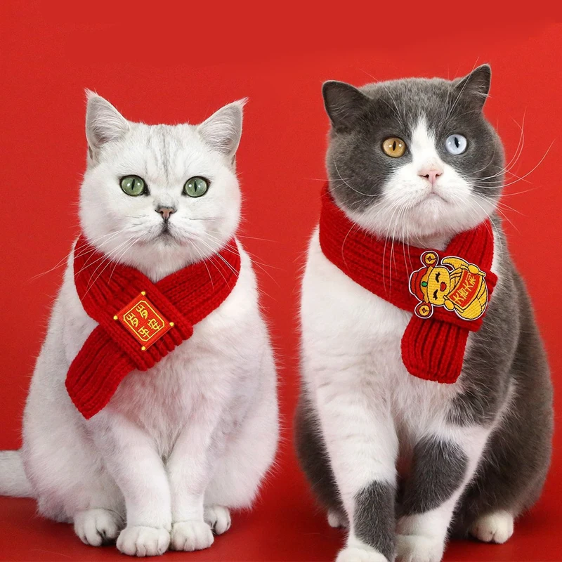 Pet New Year scarf with red embroidery for wealth and prosperity, cat, puppy, teddy bear, festive woolen scarf