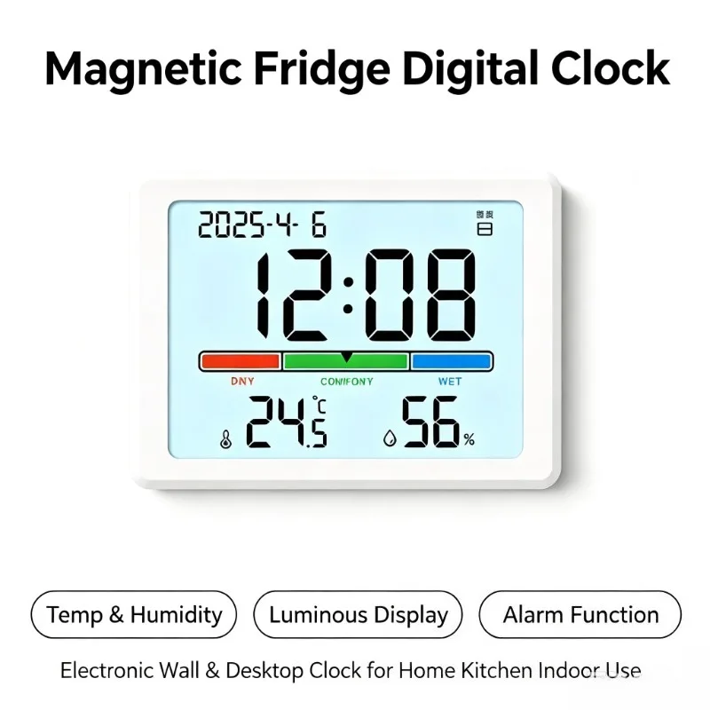 Magnetic Fridge Digital Clock with Luminous Temperature Humidity Display Multifunctional Desktop & Wall Mount Electronic