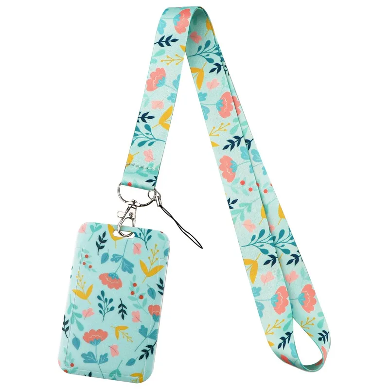 Leaf Flower Series Woven Lanyard Card Holder Colorful Plant Cartoon Phone Strap for Student Work ID Badge Daily Use