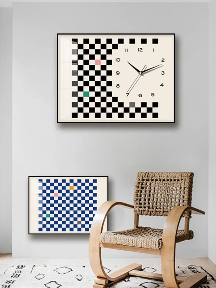 Black and white checkerboard ins square wall clock decorative painting Nordic bedroom bedside modern minimalist clock wall table