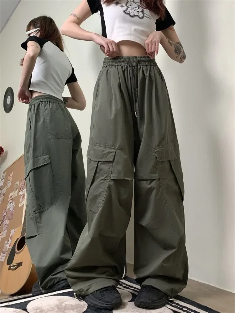 HOUZHOU Women Cargo Pants Vintage Y2k Oversized Trousers Baggy Korean Streetwear 90s Hippie Beige Pleated Joggers Hip Hop Style