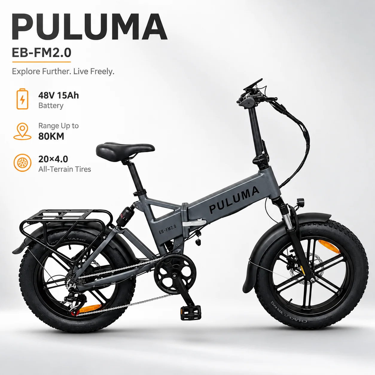 Vélo électrique pliable portable PULUMA EB-FM2.0 avec batterie amovible 48V15AH, pneus tout-terrain 20*4 pouces, adapté pour la montagne et le tout-terrain, vitesse maximale jusqu'à 40 km/h, système de frein à disque hydraulique à 7 vitesses et une autonomie allant jusqu'à 100 km