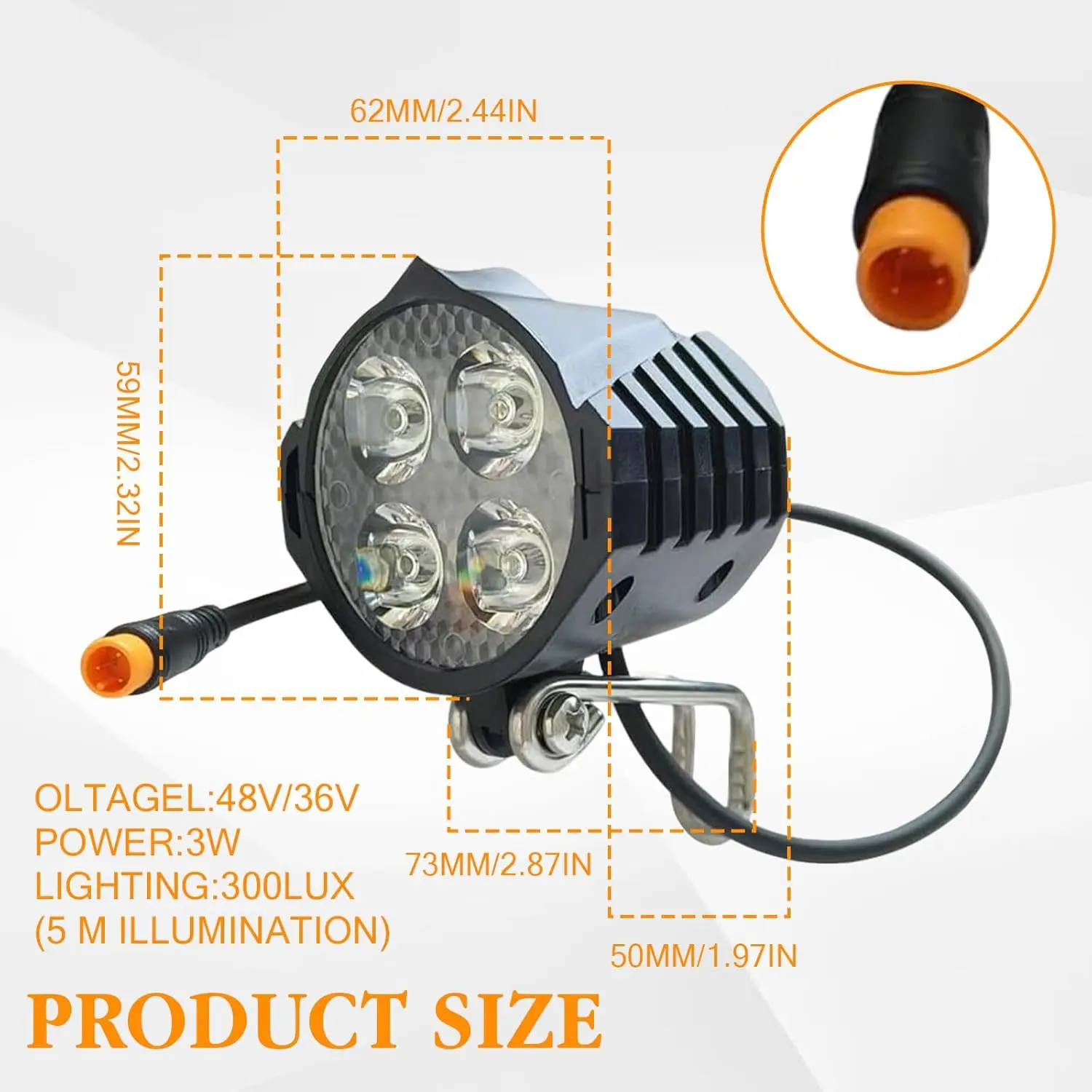 Nulkomma Electric Bike LED Headlight 36V48V Front Light with Built-in Horn 4Lights 2/3Pin famale/male Connector for Night Riding