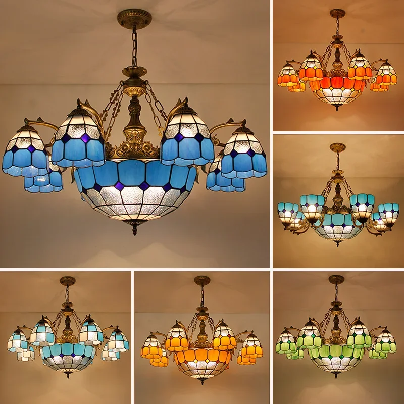 

DORIAN Mediterranean tiffany Chandelier LED Simple Luxury Living Room Bedroom Villa Hotel Cafe Bar Color Glass Pendant Light