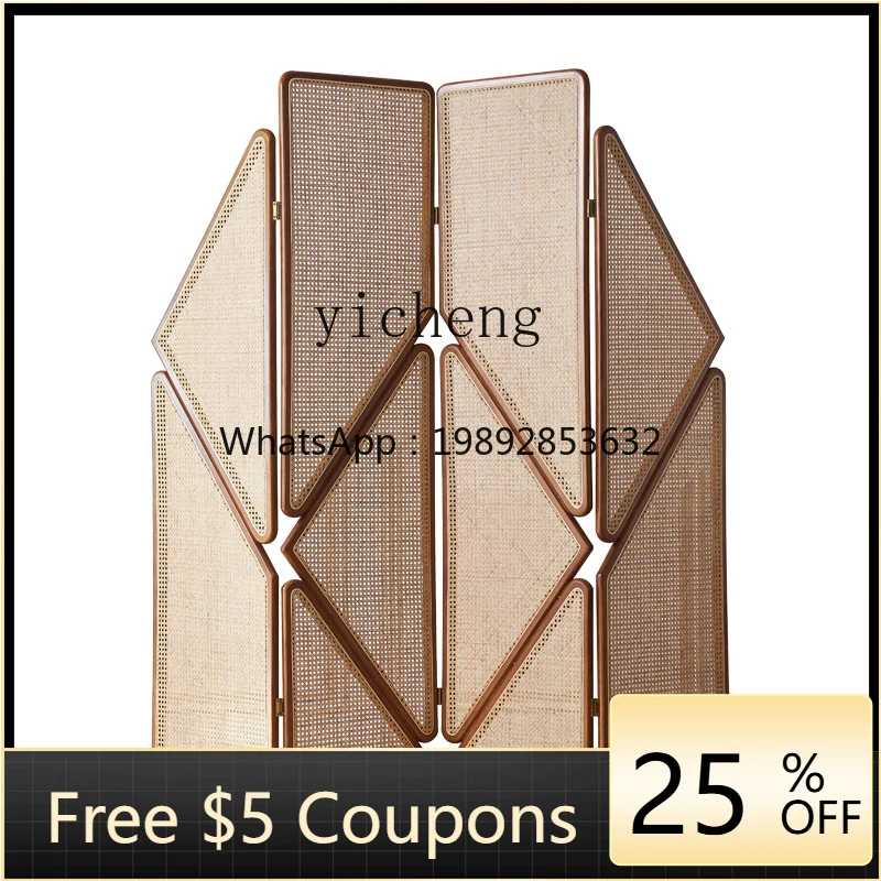 

ZC solid wood rattan screen creative partition wall movable folding screen new Chinese living room entrance screen