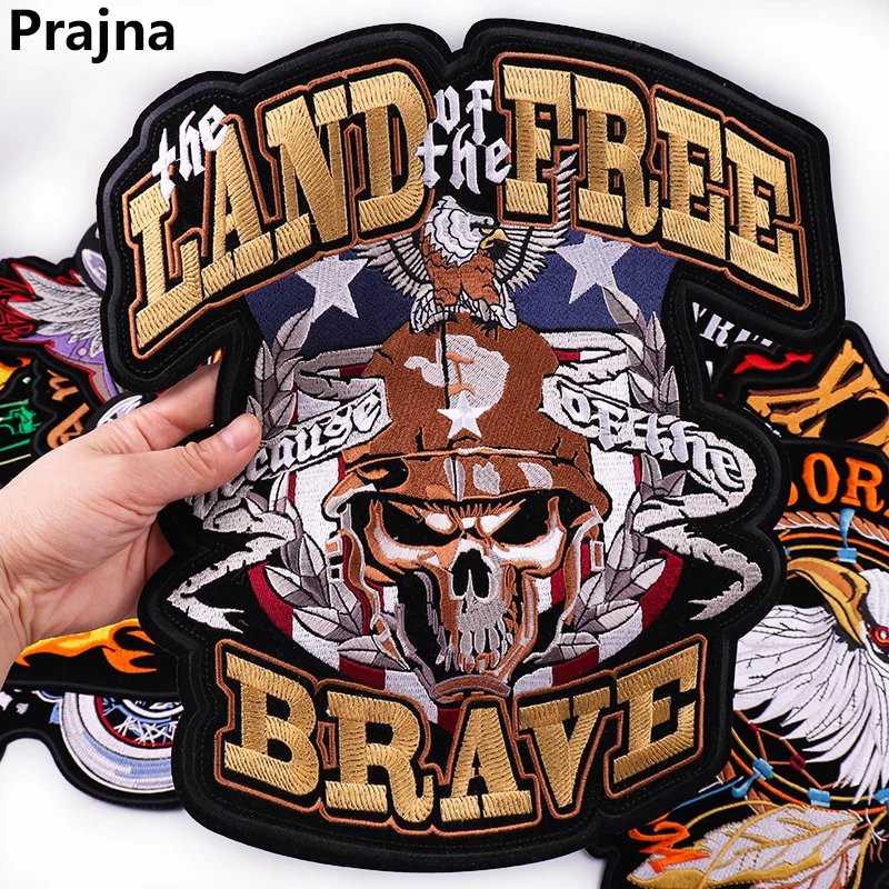LAND FREE BRAVE Patch Large Back Embroidered Patches Motorcycle Biker Sewing Patch Iron On Patches For Clothing Jacket Jeans DIY