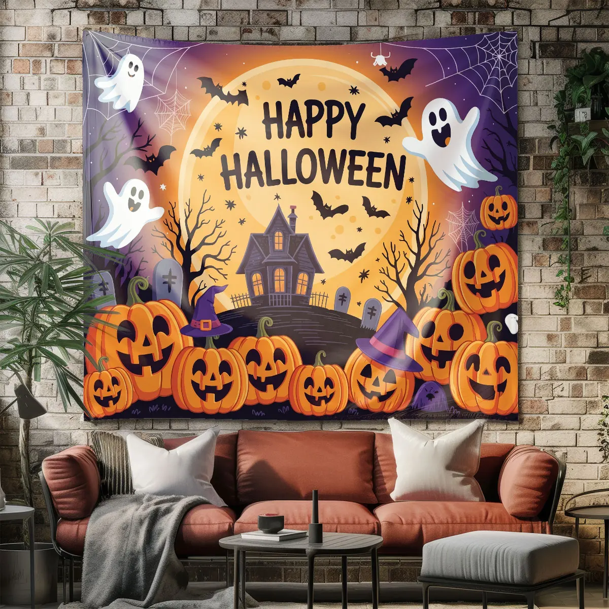1pc Ghost Pumpkin Haunted House Halloween Tapestry Background Wall Decoration Space Hanging Ornament Gift Backdrop