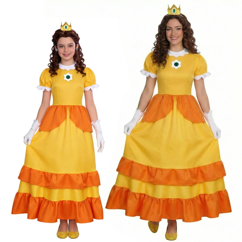 

Princess Daisy Cosplay Costume For Girls Women SMB Bros. Yellow Fancy Dress Movie Crown Brooch Earrings Gloves Takerlama