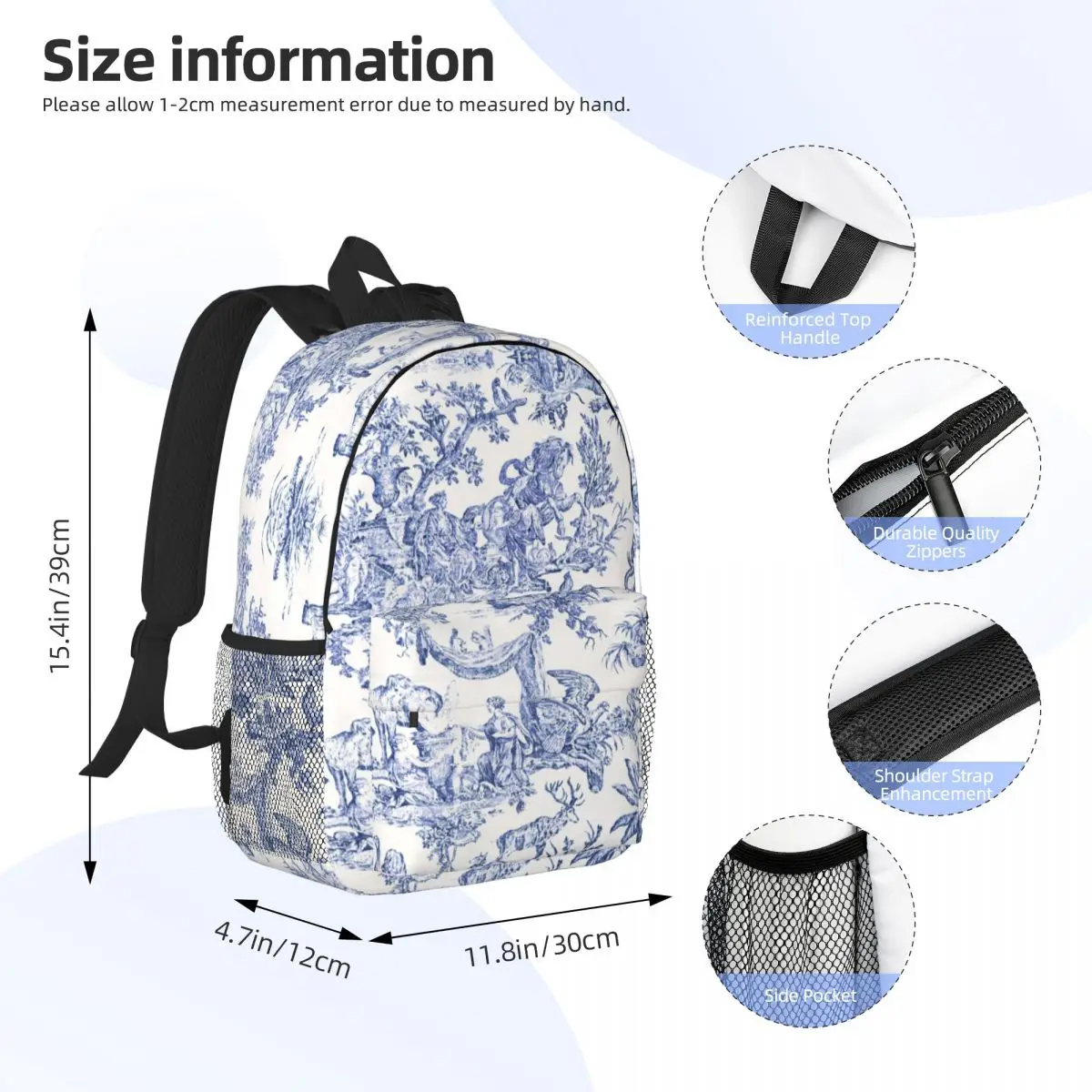 Navy Blue Toile De Jouy Laptop Backpack Women Men Fashion Bookbag for College School Students French Countryside Floral Bags