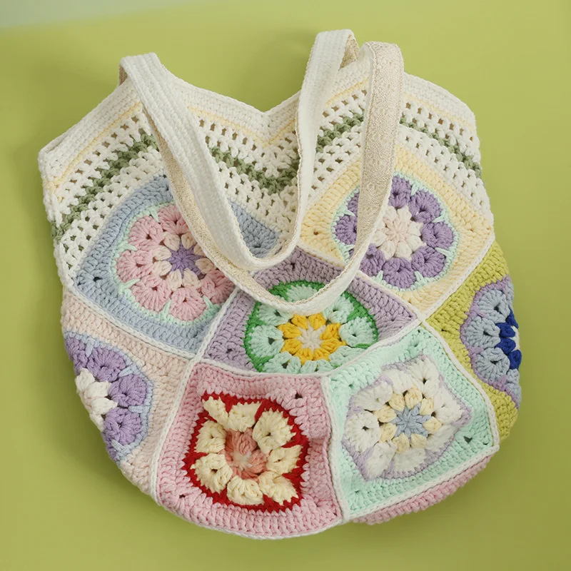 Handwoven vegetable basket shoulder bag, sweet colored wool crocheted women's bag, handmade satchel
