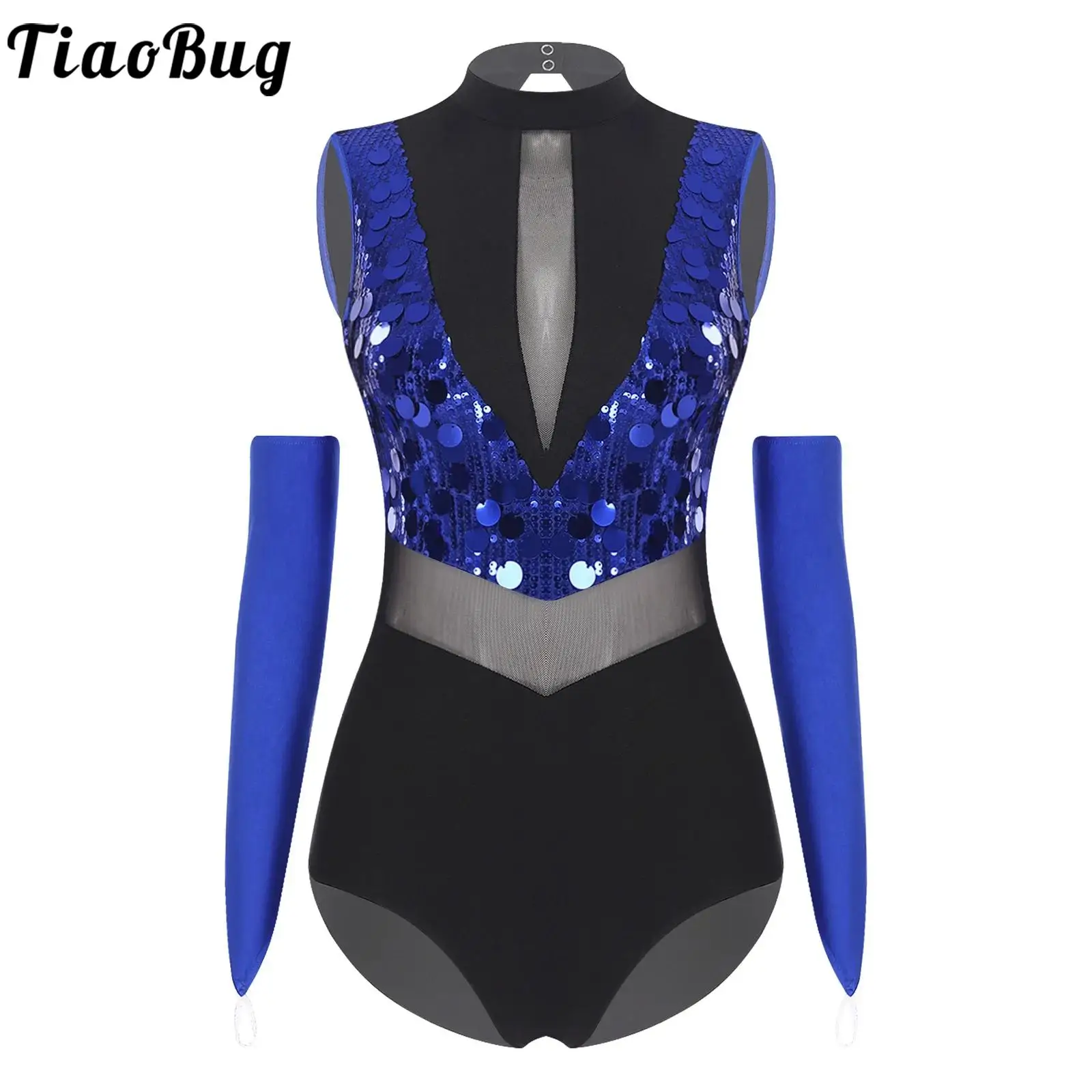 女性ジャズダンスパフォーマンスコスチューム体操フィギュアスケート衣装ノースリーブキラキラスパンコールシアーメッシュレオタード手袋付き