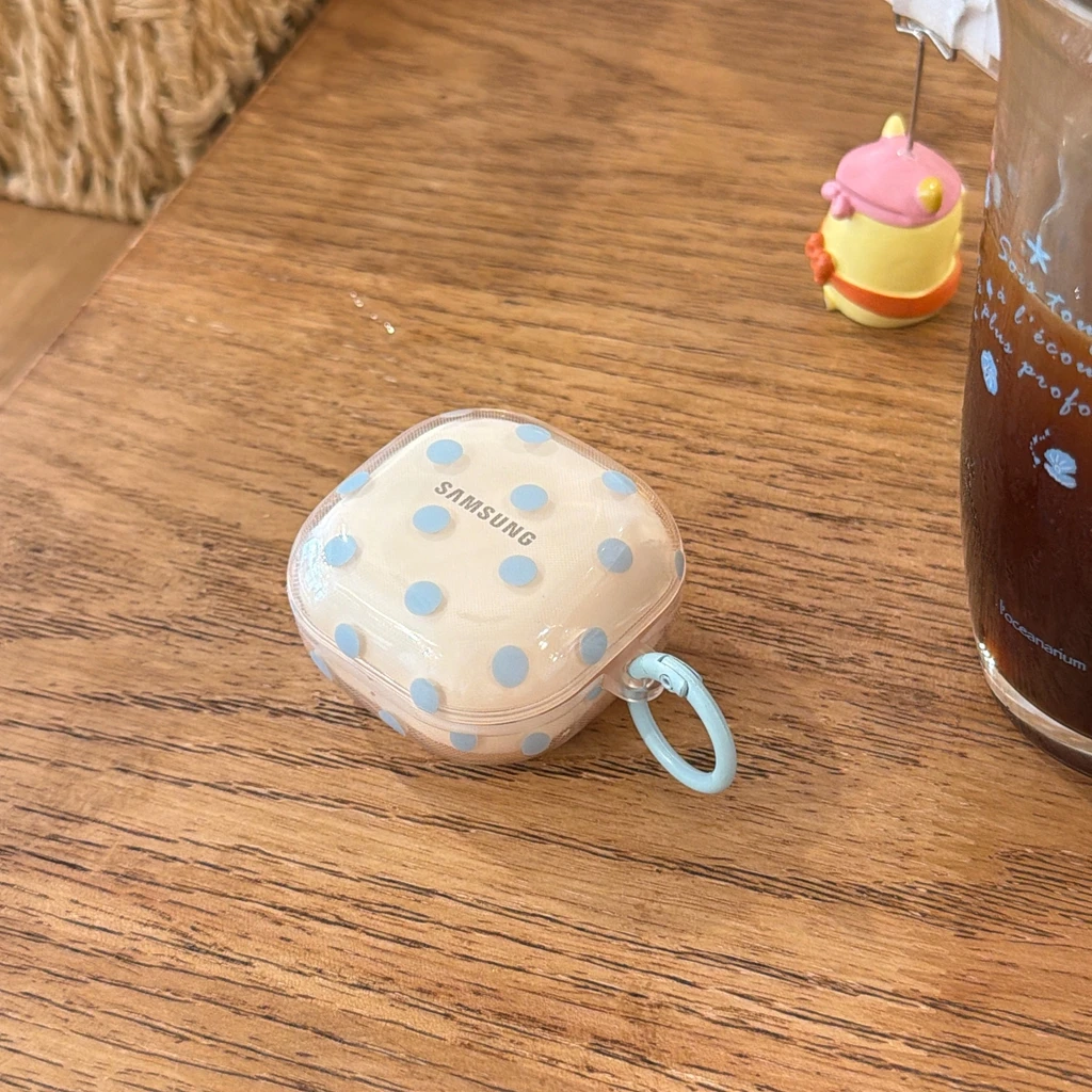 Summer Fresh Blue Polka Dot With Hook Shockproof Protective Earphone Cover Case for Samsung Galaxy Buds 3 Pro 2 Pro FE Live Core