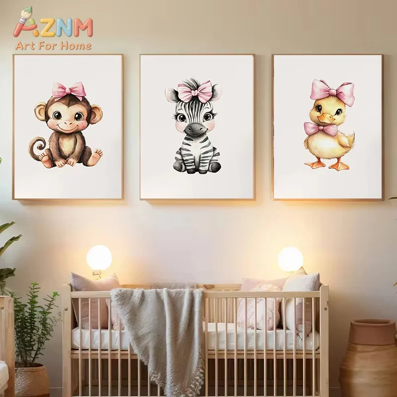 AZNM Cute Farm Animals Poster Prints Pink Bow Baby Elephant Giraffe Cow Leopard Canvas Painting Girly Room Decor Gift