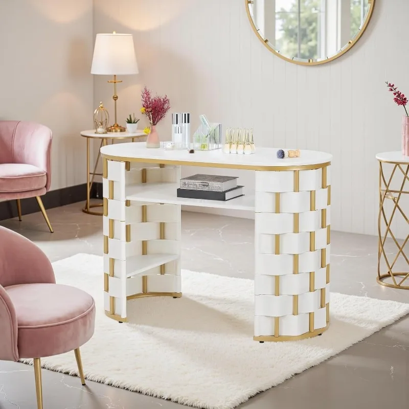 Woven Leather Metal Rack Storage Open Shelf White with Electric Vacuum Cleaner Nail Table