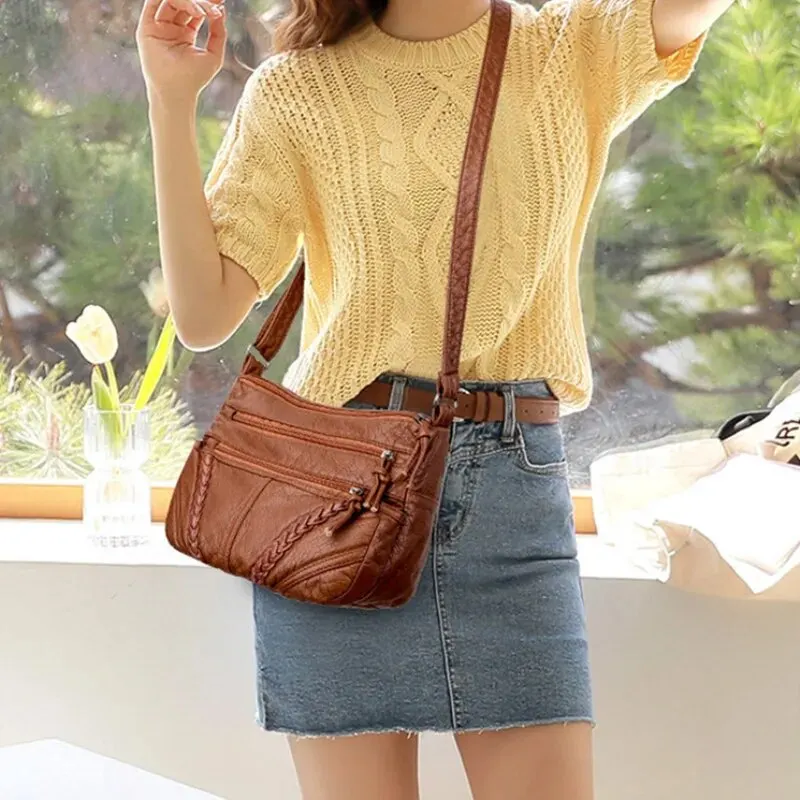 Vintage Solid Color Shoulder Bag Retro Crossbody Bag Women\'s Handbag Soft Leather Bag