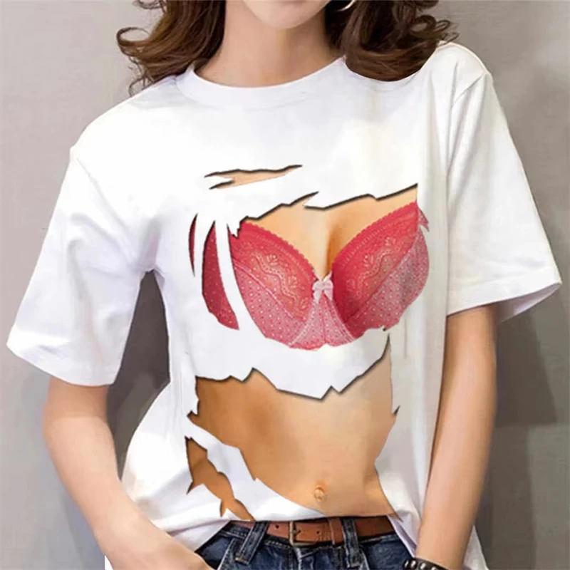 Unisex 3D Optical Illusion Graphic T‑Shirt, Torn Ripped Effect Print Funny Novelty Casual Humor Party Tops for Men Women