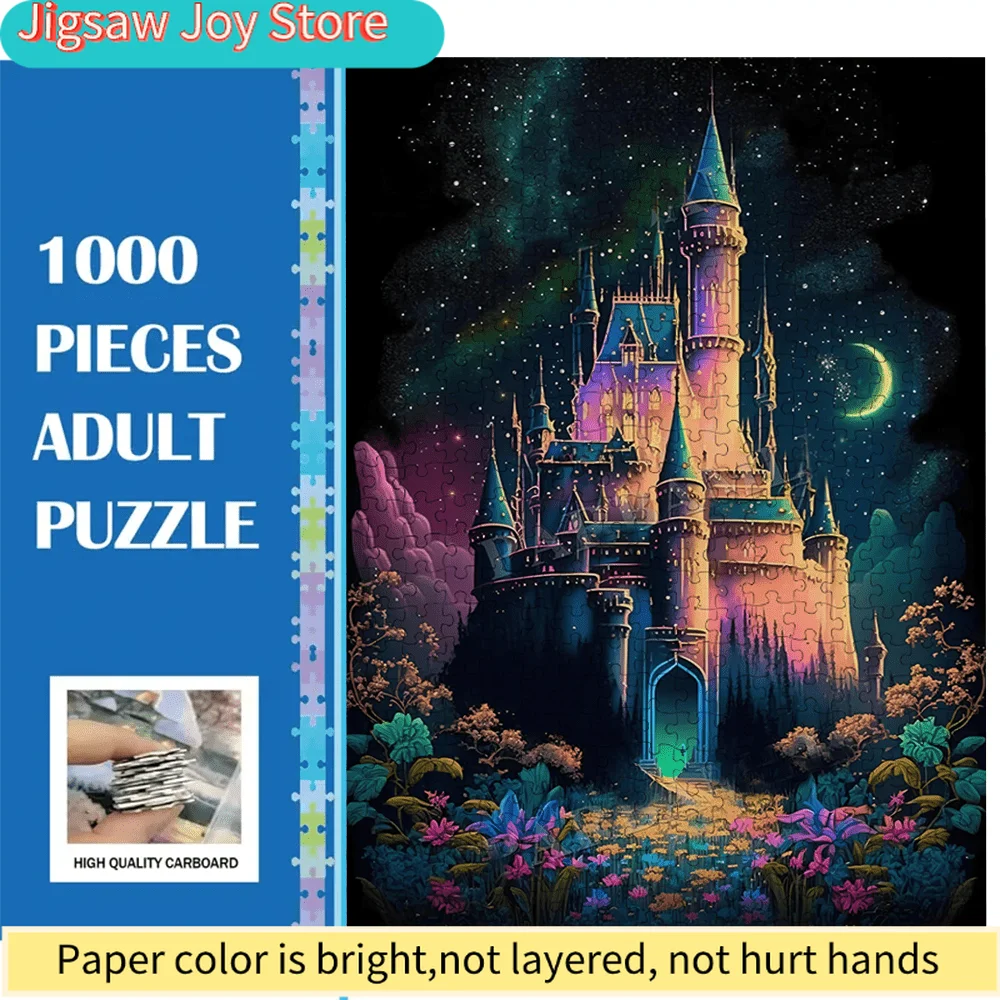 

Large Size Puzzle, Magical castle under starry night sky with crescent moon, Vibrant Colors, Easy to store and carry, Combinin