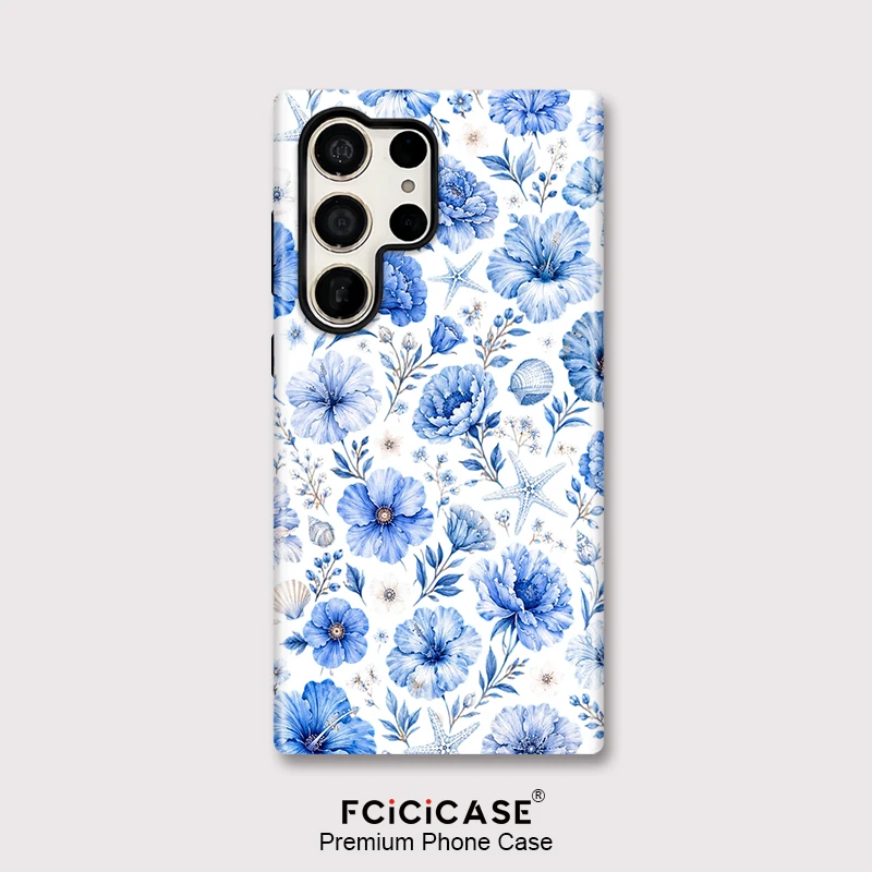 Fcicicase For Samsung Galaxy S25 Ultra S24 S20 FE S23 Plus A16 A36 A26 A56 Blue Flowers Phone Case Luxury Double-layer Cover