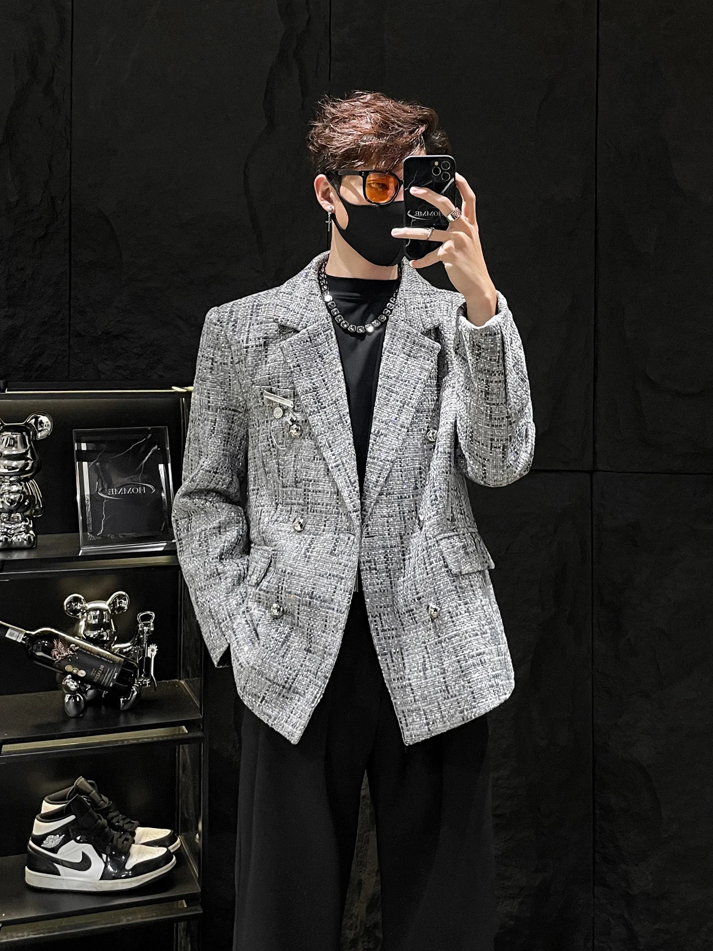 

ay Woolen Coat for Men Loose Casual Weaving Plaid Double Row Buttons Suit by HOMME Youth Trend Autumn Season Long Sve