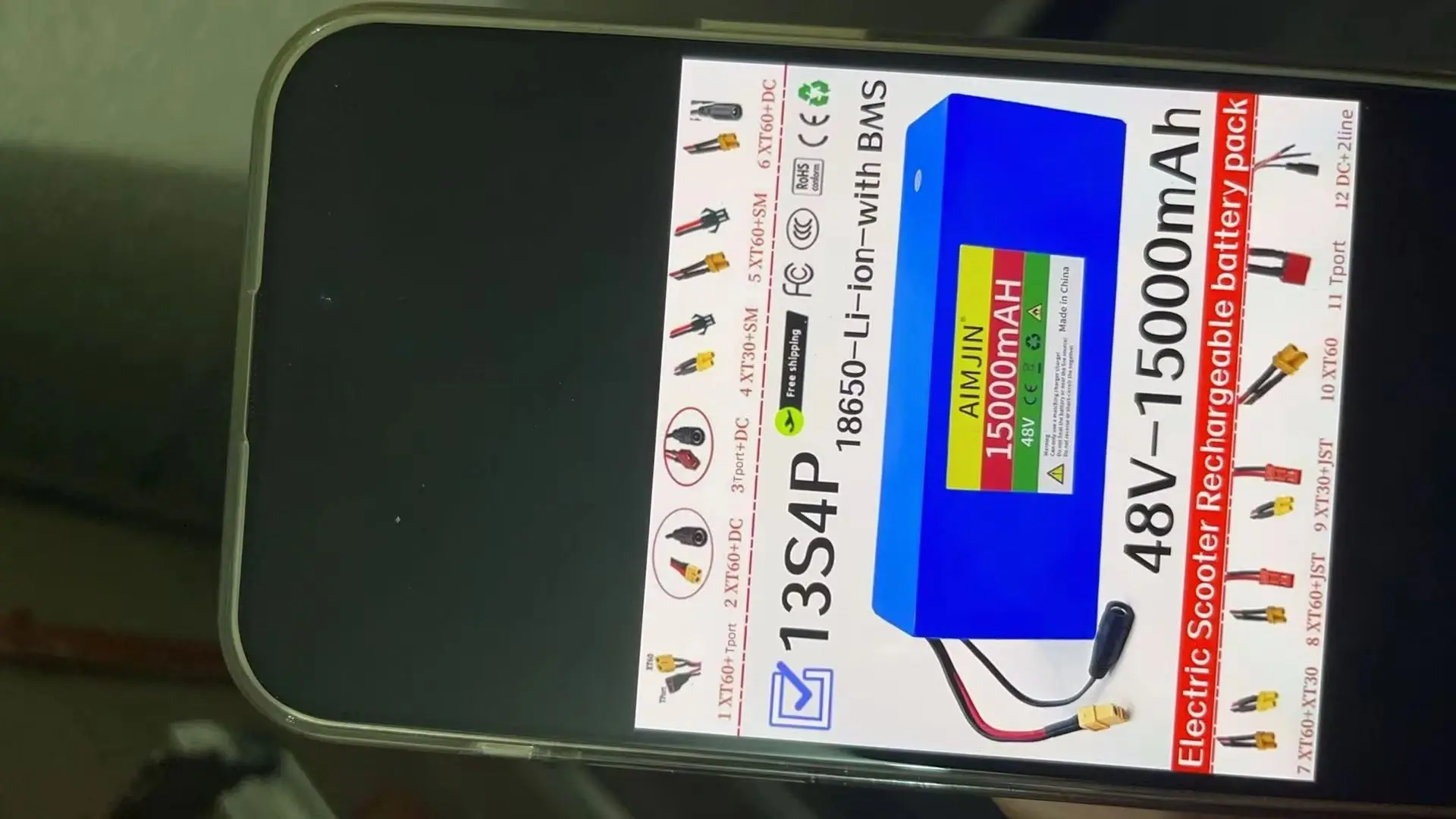 for Electric Scooter Bicycle Li-ion Replacement Batteries with BMS 18650 13S4P 48V 15000mAh Lithium Battery Pack