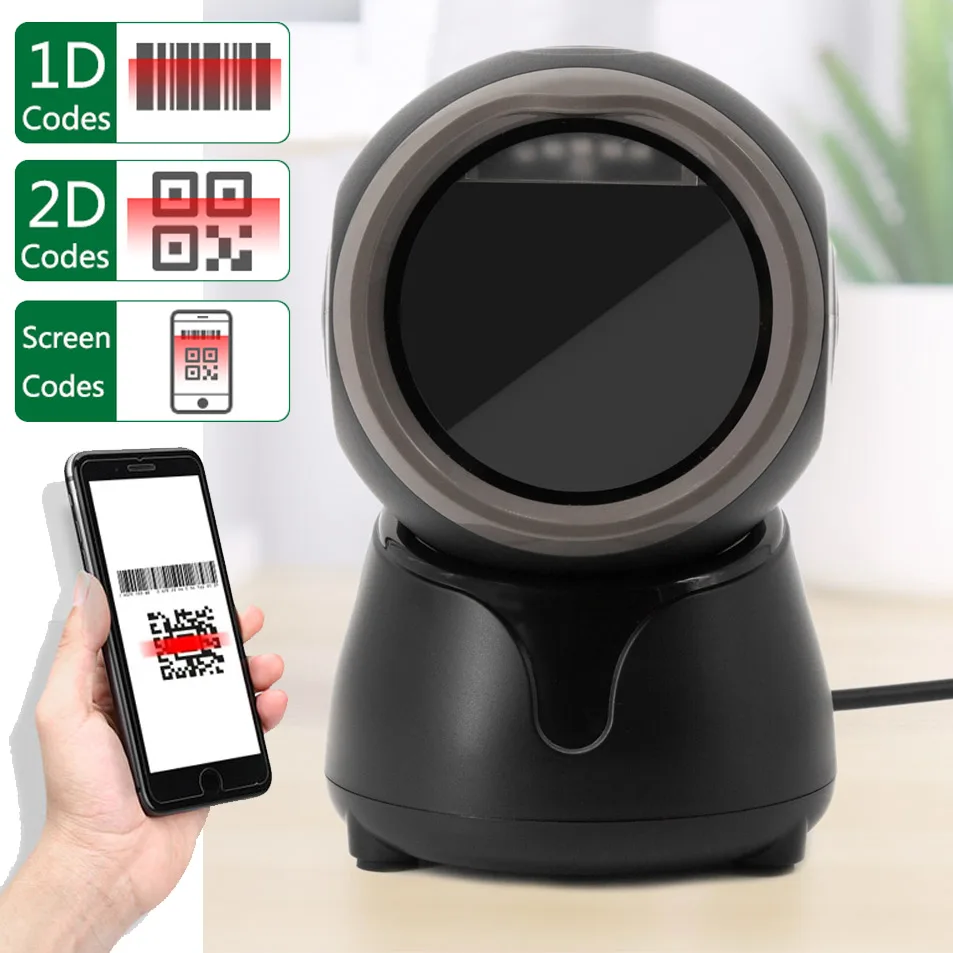 Desktop Omnidirectional Barcode Reader, 2D Barcode Scanner, QR Code Reader para Supermercado, Auto Sense Data Matrix, Cos Barras