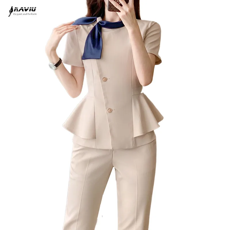 NAVIU Summer Short Sleeve Formal Professional Business Suits 2 Piece Set With Pants And Tops For Women Office Work Wear Blazers